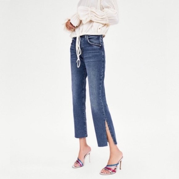 Zara Denim - Zara Slit Leg High Rise Cropped Blue Jeans 2